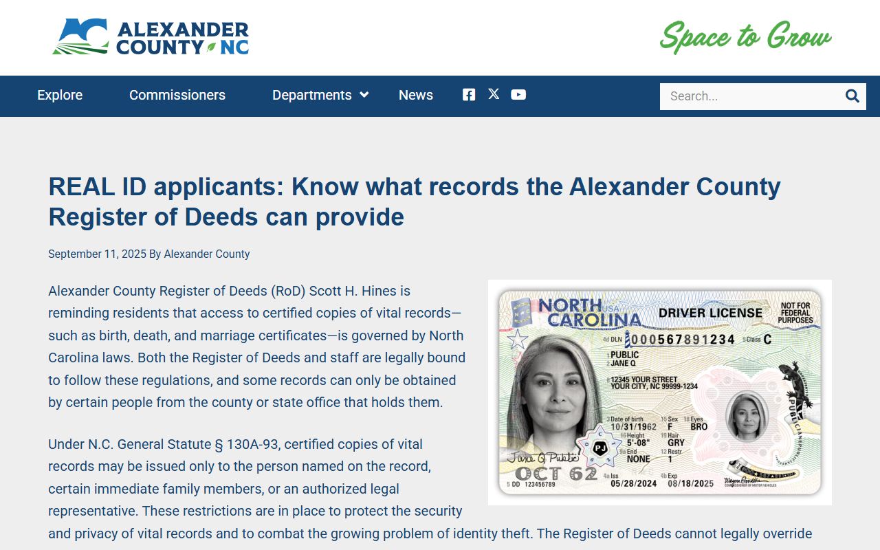 Alexander County Clerk of Superior Court record routing and REAL ID vital records