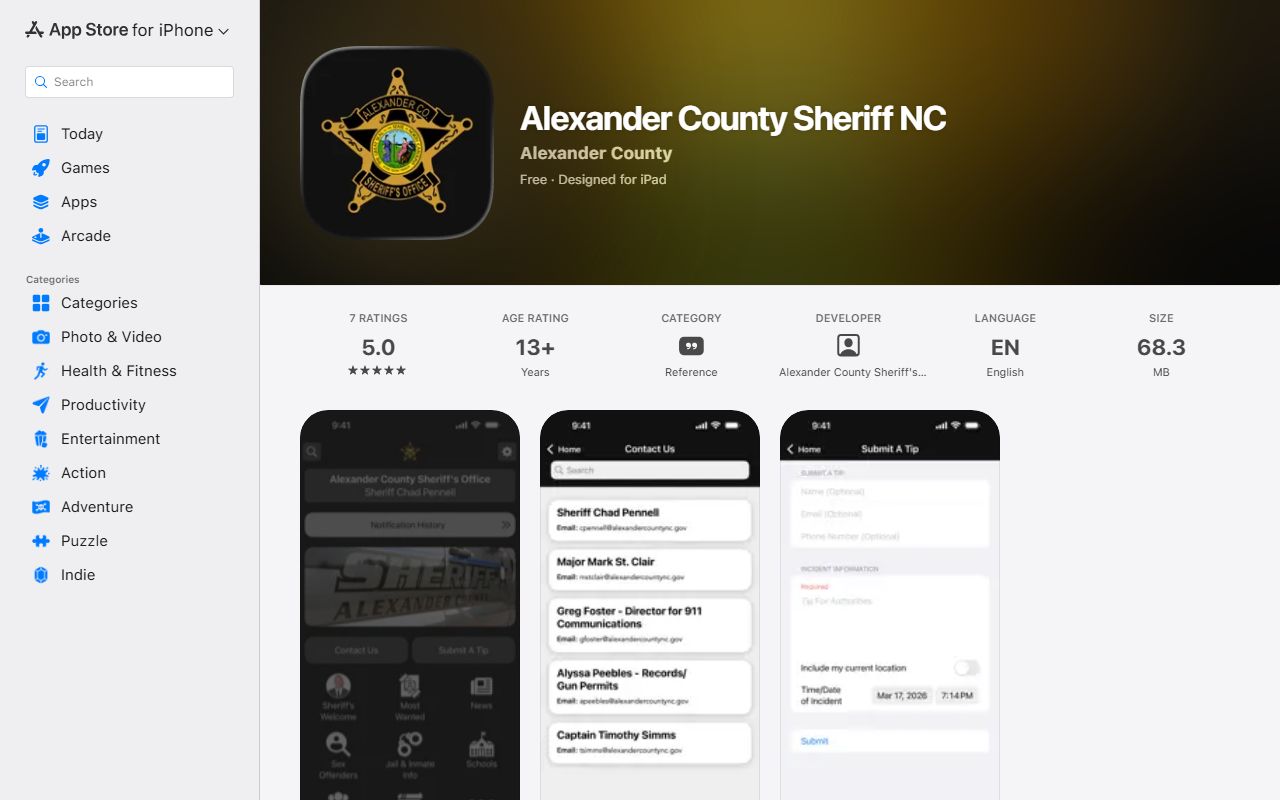 Alexander County inmate records Sheriff iOS app