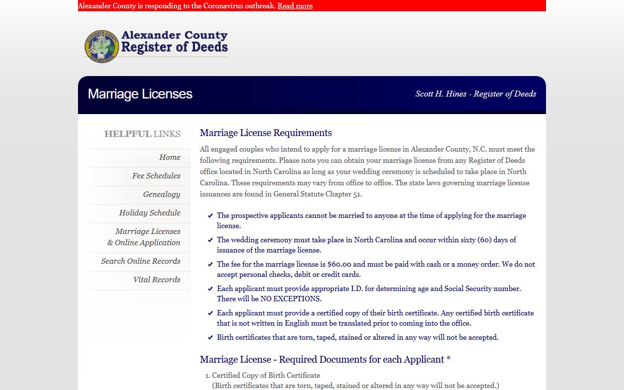 Alexander County marriage records license requirements