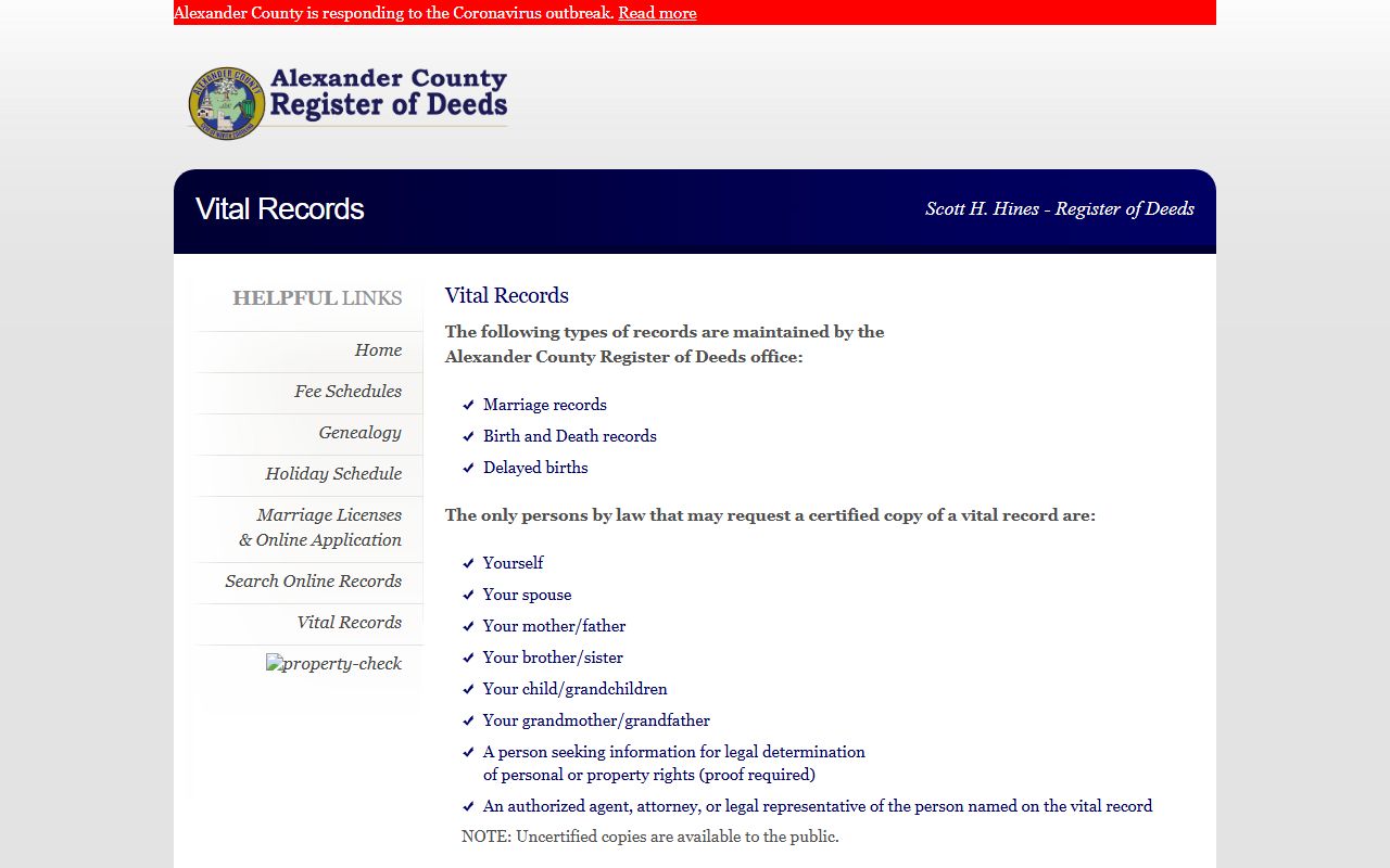 Alexander County marriage records vital copy request rules